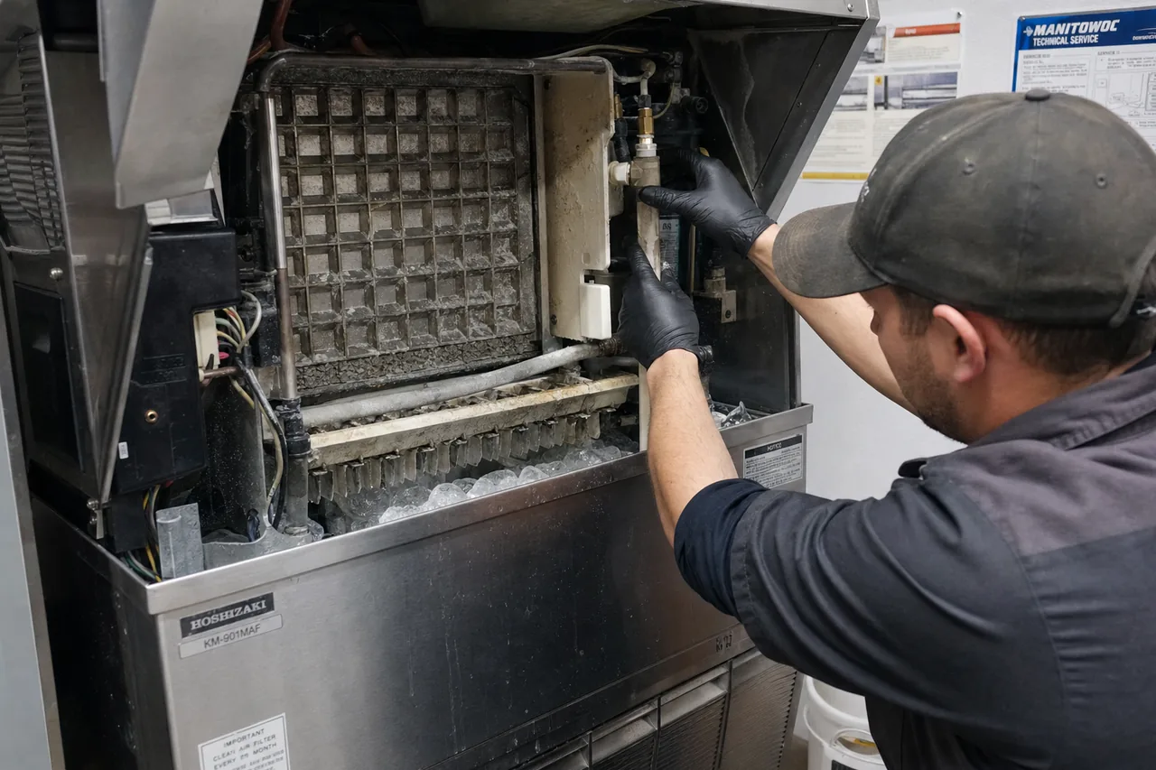 Technician servicing a commercial ice machine
