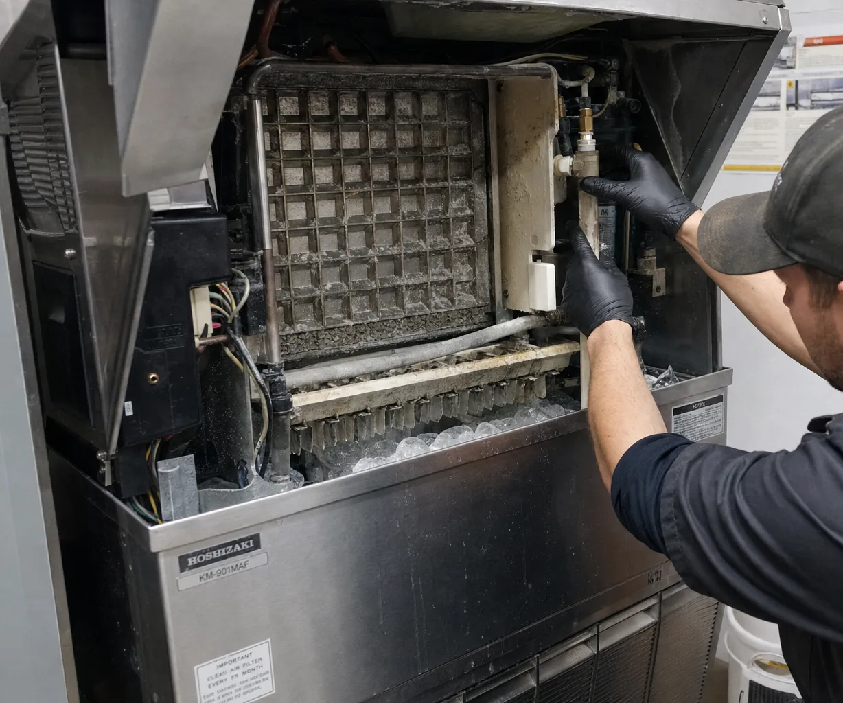 Technician servicing a commercial ice machine in a Bergen County kitchen