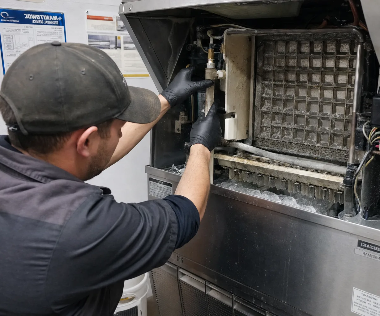 Technician servicing a commercial ice machine mid-repair
