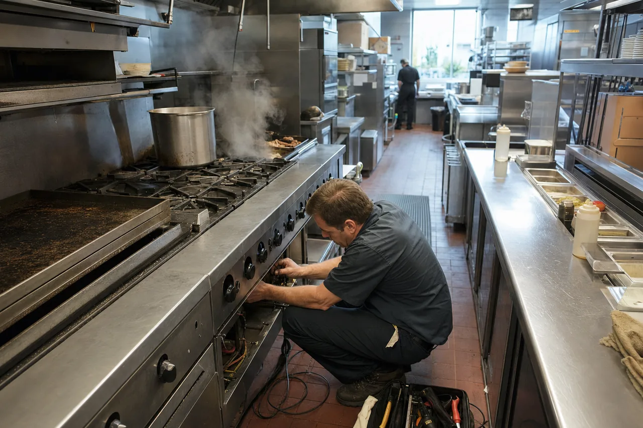 A commercial restaurant kitchen in Paramus with stainless-steel cooking and refrigeration equipment