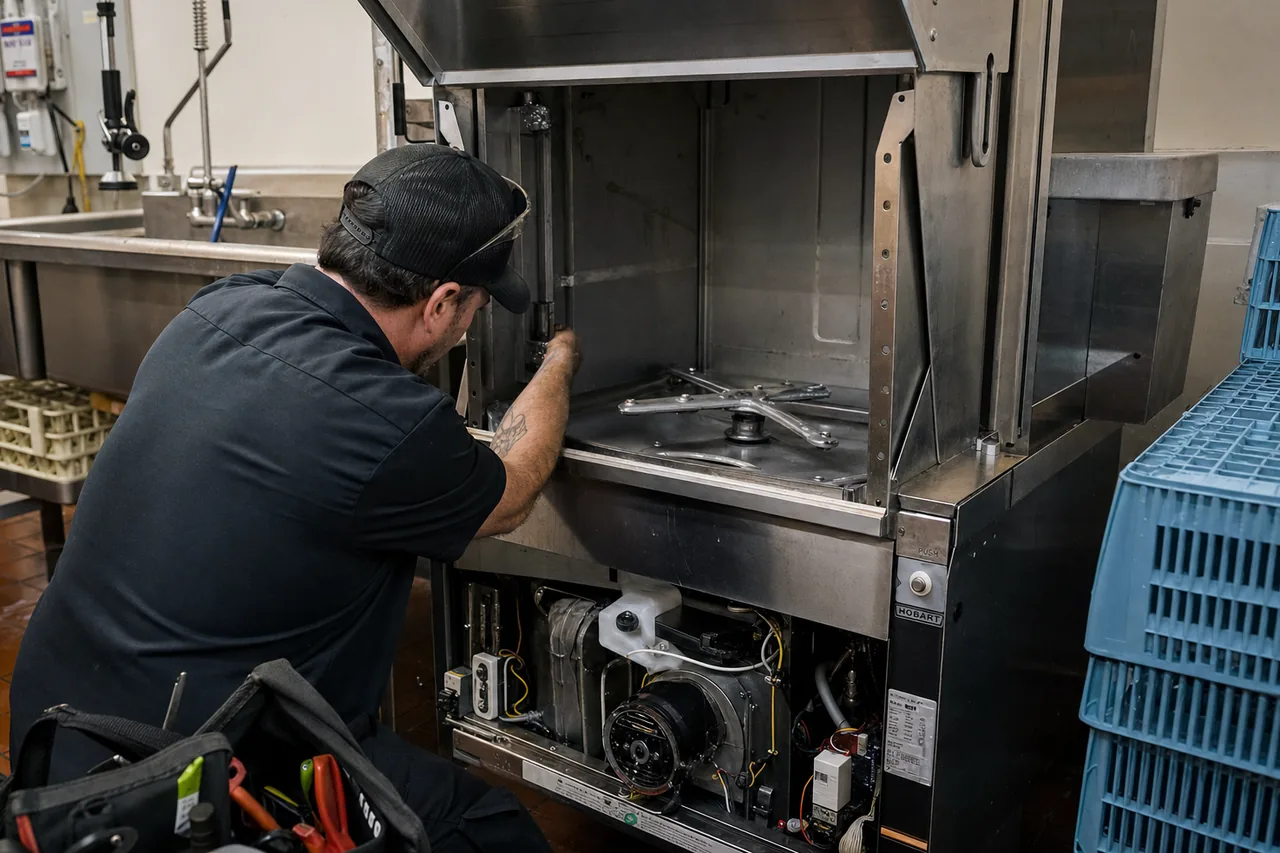 Technician servicing a commercial dish machine mid-repair