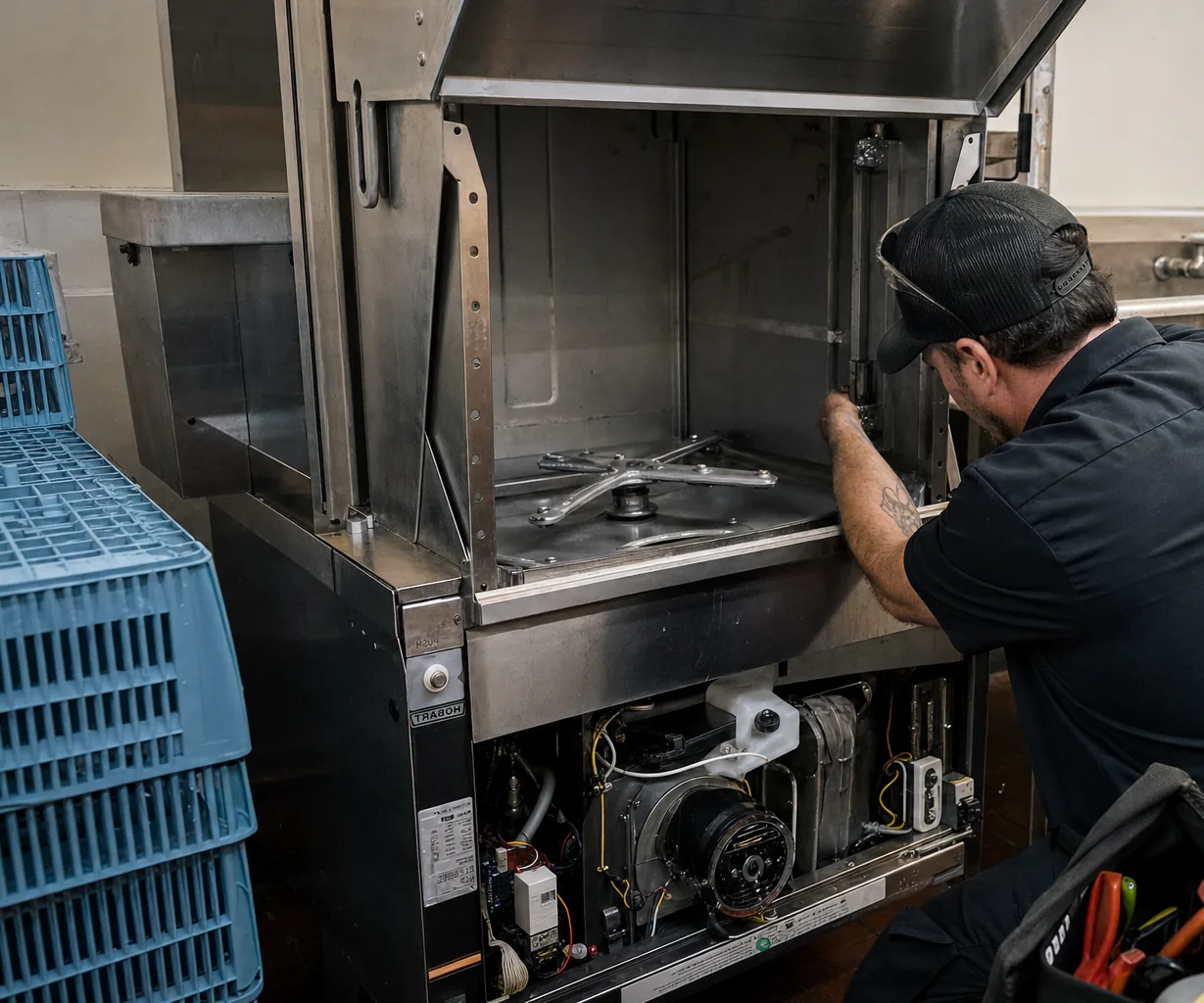 Technician servicing a commercial dish machine mid-repair