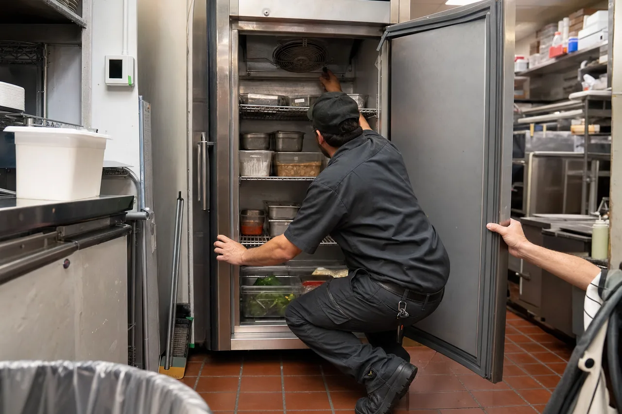 Technician servicing a commercial reach-in refrigerator in a Bergen County kitchen