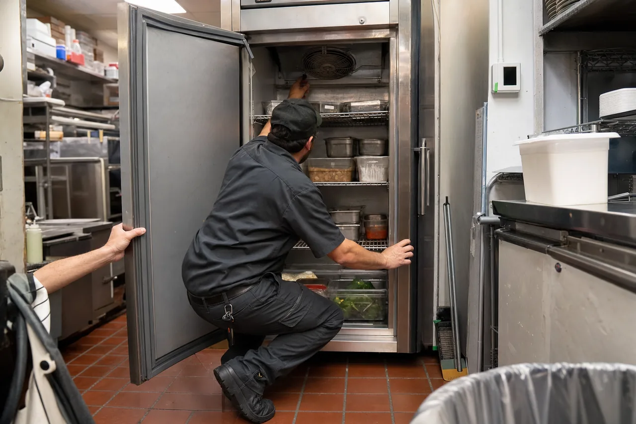 Technician servicing a commercial reach-in refrigerator during service
