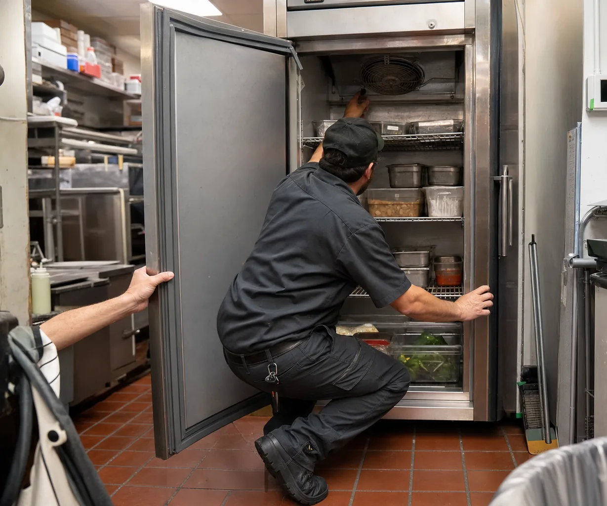 Technician servicing a commercial reach-in refrigerator in a Bergen County kitchen