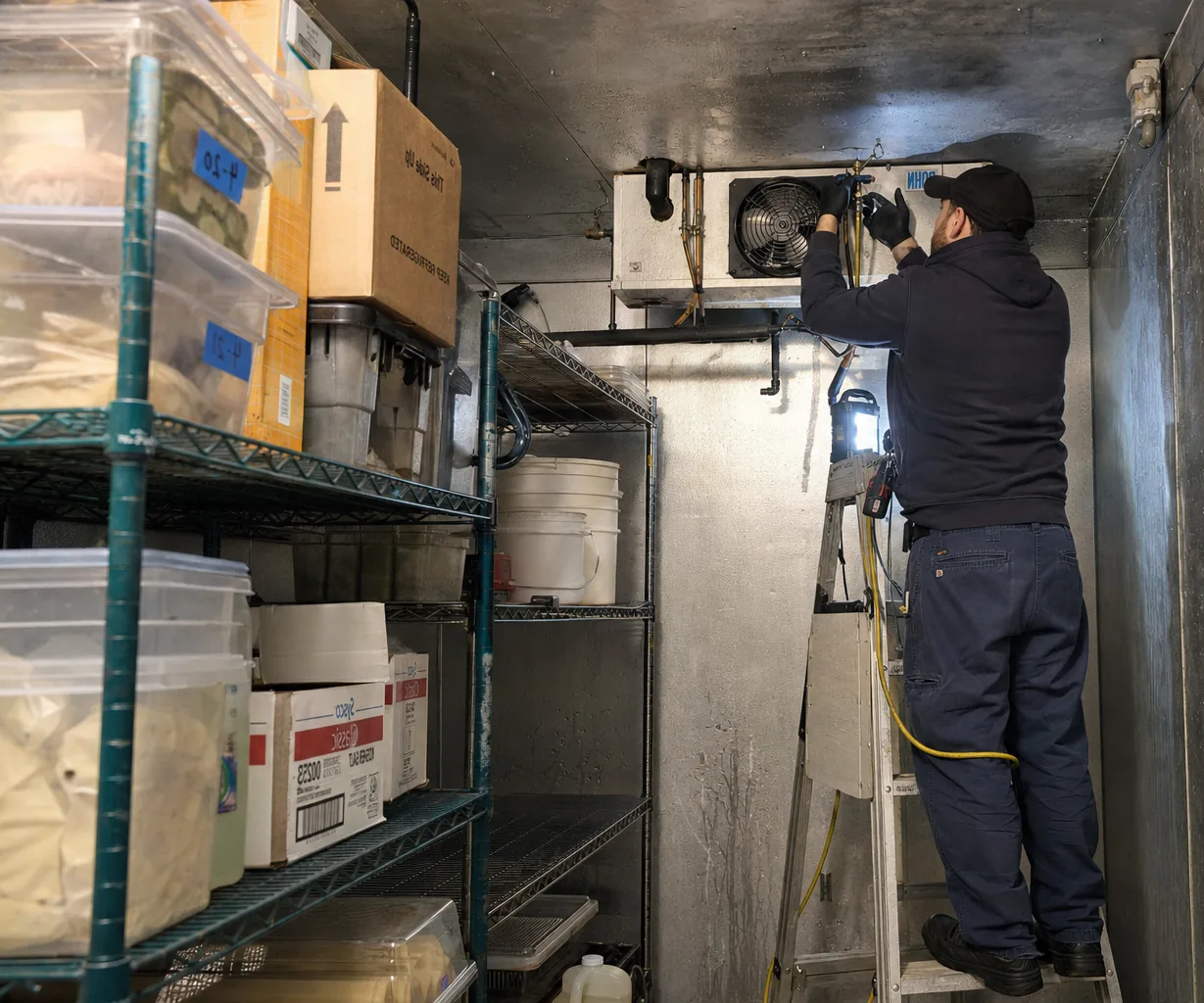 Technician servicing a walk-in cooler on an emergency call